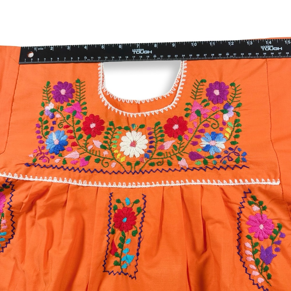 Vintage Mexican Peasant Dress Orange Floral Embroidered Puebla Midi Small - Picture 7 of 7
